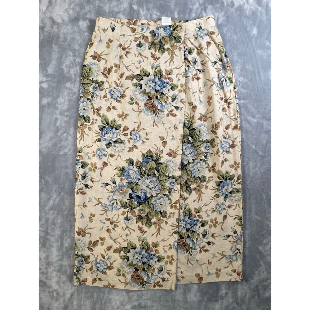 Vintage 90s blue rose floral print wrap midi skirt Koret cottage feminine Large‎